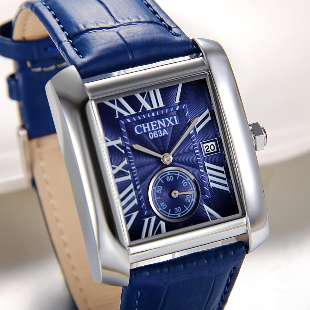 JewelryWe Men's Watch with Roman Alphabet Dial and Leather Band, Blue, for Commuting and School