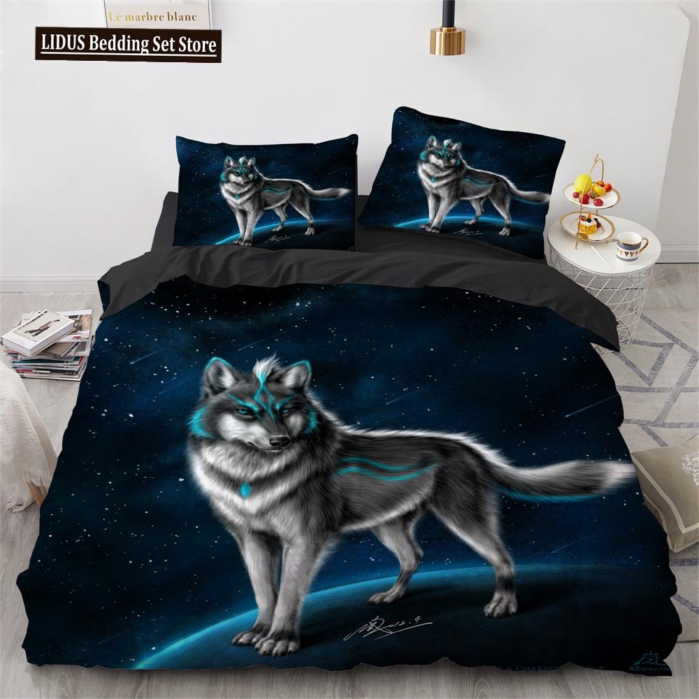 Wolf Duvet Cover Set Black White Wolf Yin And Yang Pattern Wild Animals Comforter Cover King Queen Size For Kid Boys Bedding Set