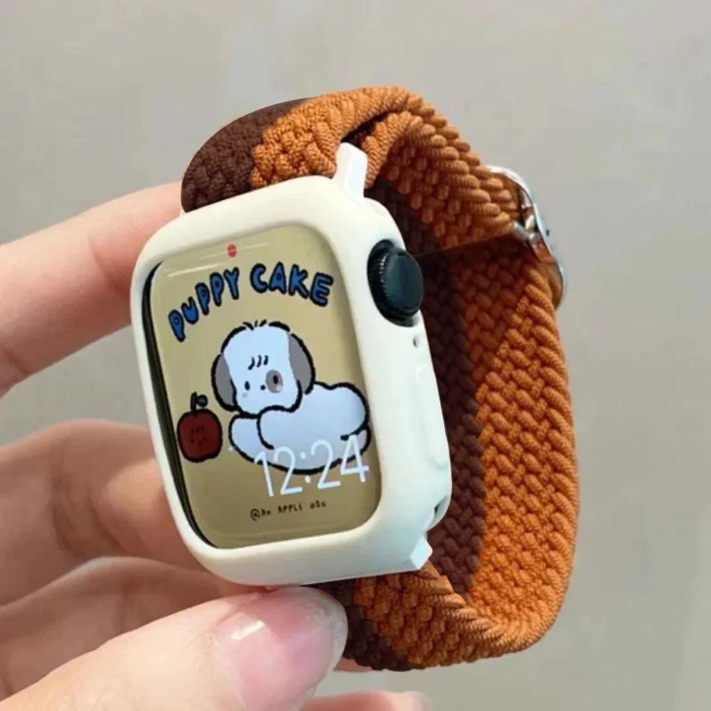 Korean Cute Braied Strap + Case For Apple Watch Band 49mm 46mm 45 44 38 42 Nylon Bracelet For iWatch Series 10 9 8 7 6 5 4 3 SE