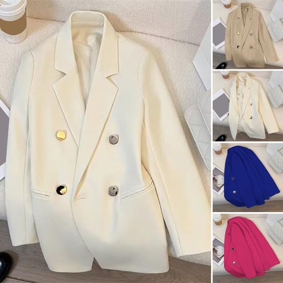 Women Suit Coat Lapel Long Sleeve Double Placket Suit Jacket with Pockets Solid Color Loose Fit Mid-length Business Outerwear