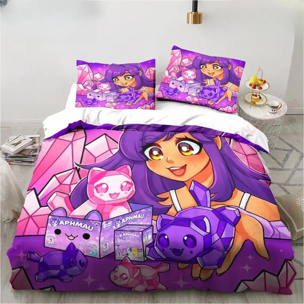 3D Print Cute Aphmau Bedding Set Game Cartoon Aphmau Duvet Cover Set Single/Twin/Double Size Child Bedding Set Soft Polyester
