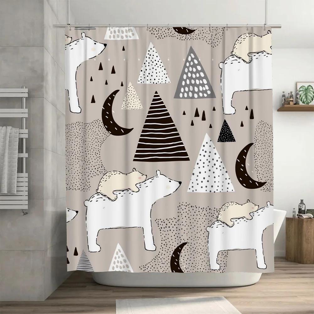 Cozy Bathroom Decor Shower Curtain Set with Moon Stars Forest Animal Print In Beige White Black Perfect for Your Home Bath or Gu