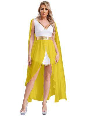 Womens Greek Princess Costume V Neck Cape Sleeve Design Sequin Trim Front Split Dress Queen Cosplay Halloween Party