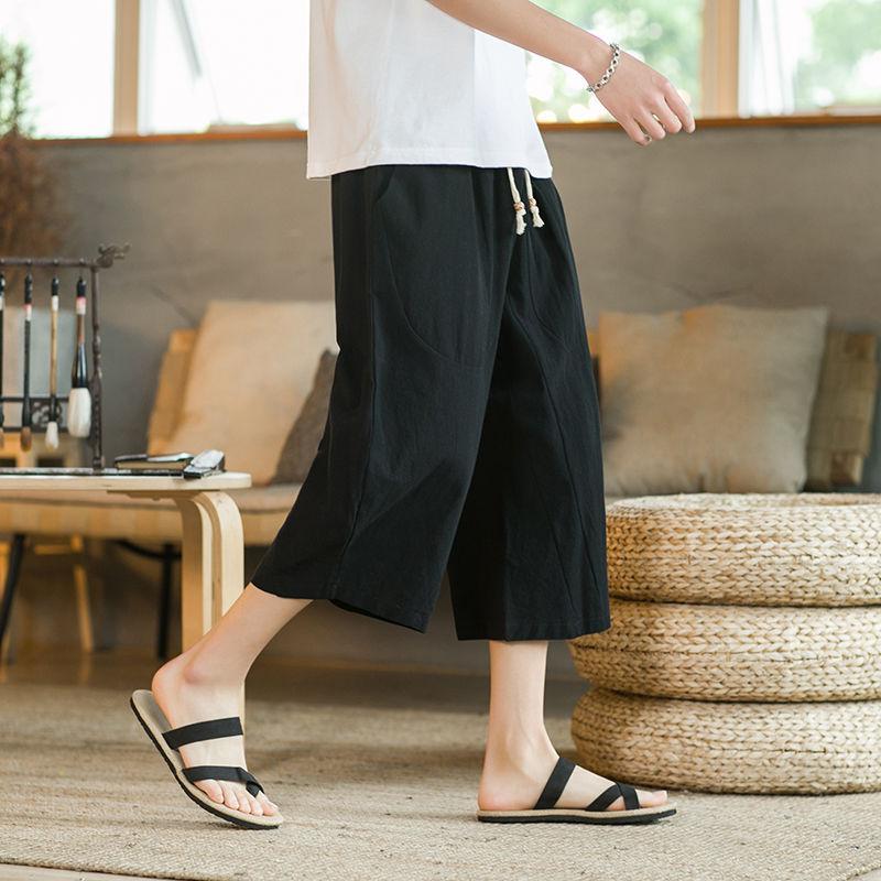 Summer Capris Men's Thin Casual Pants Loose Oversized Straight Leg Pants Cotton Linen Beach Shorts