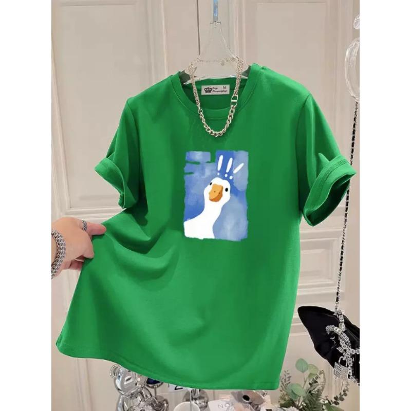 Cartoon Printed Short-sleeved T-shirt for Women In Summer New Fashionable Age-reducing Large-shoulder Pure Cotton Top