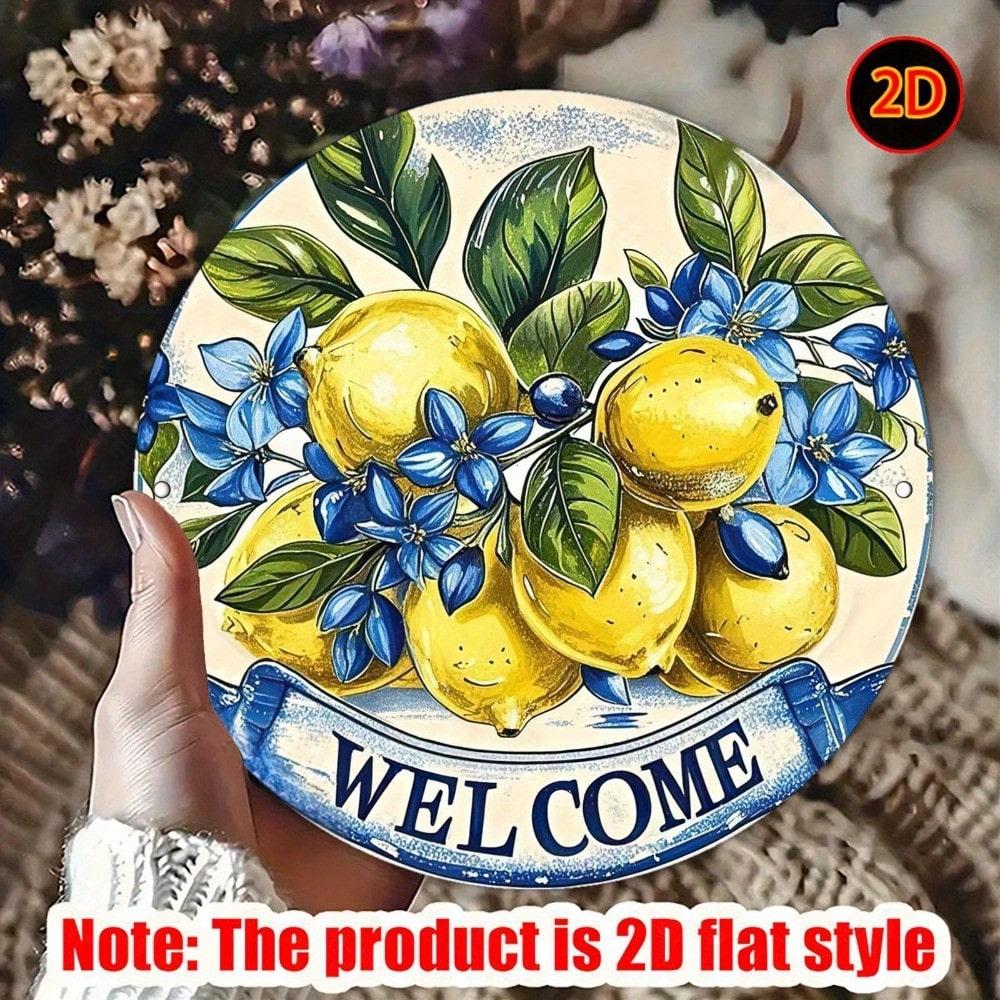 Vintage Lemon Floral Welcome Sign Rustic Aluminum Metal Wall Decor Indoor Outdoor