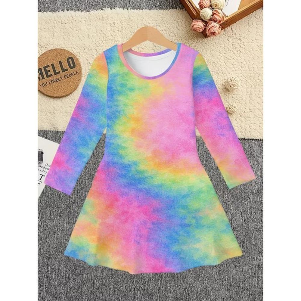 Robe décontractée pour fille avec impression tie-dye 3D, col rond, manches longues, robe de princesse pour enfant