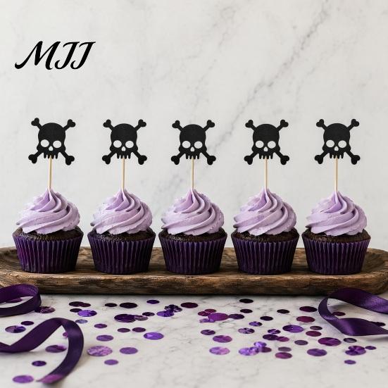 Cake Decoration for Halloween 8 Pcs Glitter Cupcake Picks, Spooky Black Skull Cream Safe Topper Toppers, Gothic Birthday Party Supplies