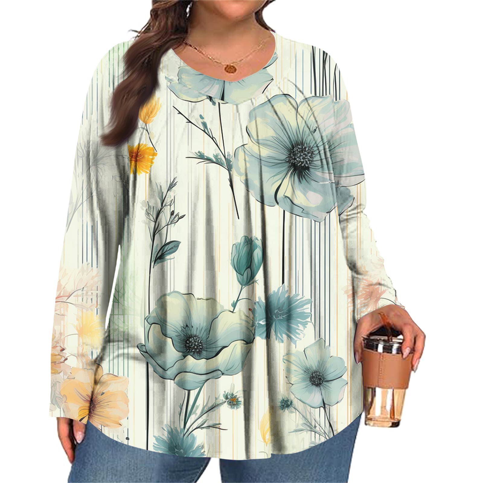 

Женский модный топ большого размера с принтом, повседневный плиссированный, с круглым вырезом и длинными рукавами XXXXXL