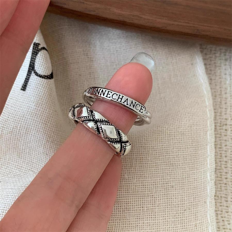 Rhombus Old Style Letter Ring Light Luxury Index Finger Ring Heavy Industry Versatile Adjustable Ring Tide