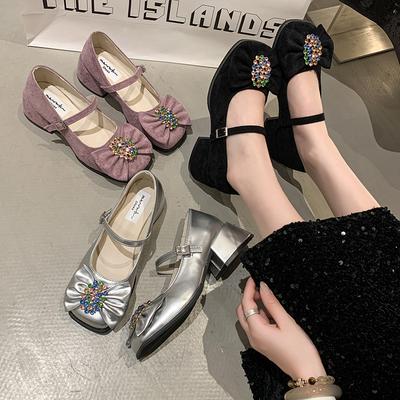 Mode 2025 Luxus Damen Kristall Schleife High Heels Sandalen Klobige Mary Janes Schuhe Neuer Designer Sommer Retro Lolita Schuhe Damen Pumps