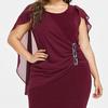O-Neck Short Sleeve Chiffon Shawl Pleated Decor Women Dress Solid Color Plus
