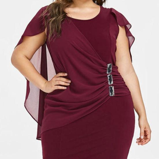 O-Neck Short Sleeve Chiffon Shawl Pleated Decor Women Dress Solid Color Plus