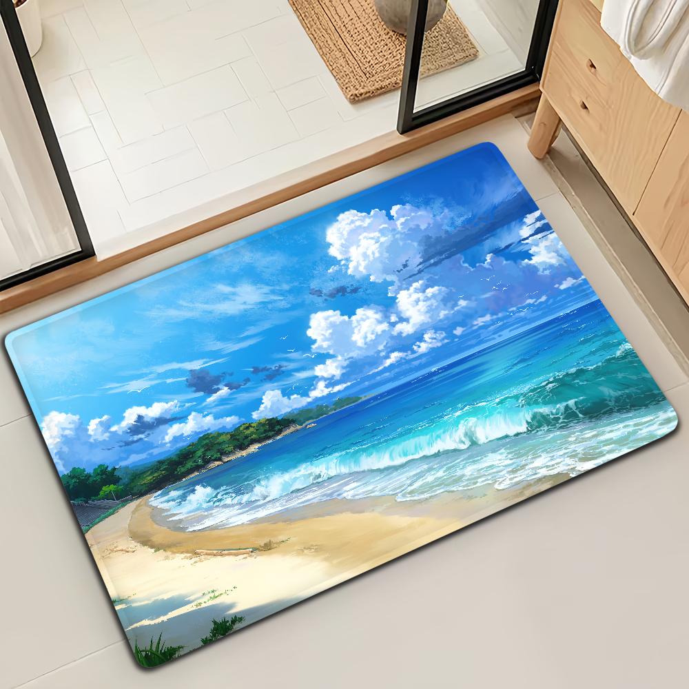 Ocean Spring Beach Wave Summer Door Mat Bath Microfiber Decorative Versatile Flannel Floor Mat Quick Dry Absorbent Non-slip Sole