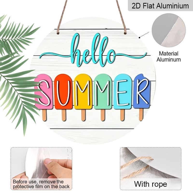 2D Flat "Hello Summer" Popsicle-Style Aluminum Decorative Signs and Plaques in Various Sizes. Colorful Popsicle Pattern Wall Decorations Suitable for