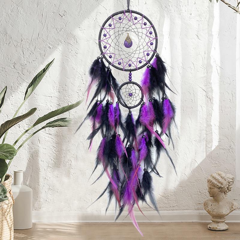 

1pcs Handmade Dreamcatcher Feather Wind Chime Wooden Beads Chicken Feathers Wall Hanging for Living Room Bedroom Decor Gift 15x70cm фиолетовый
