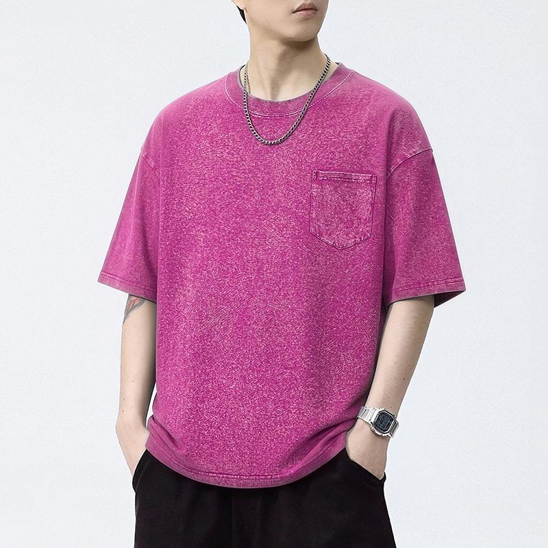 Men's Vintage Washed Cotton T Shirt Crew Neck Short Sleeve Chest Pocket Casual Loose Fit Streetwear Summer Tops