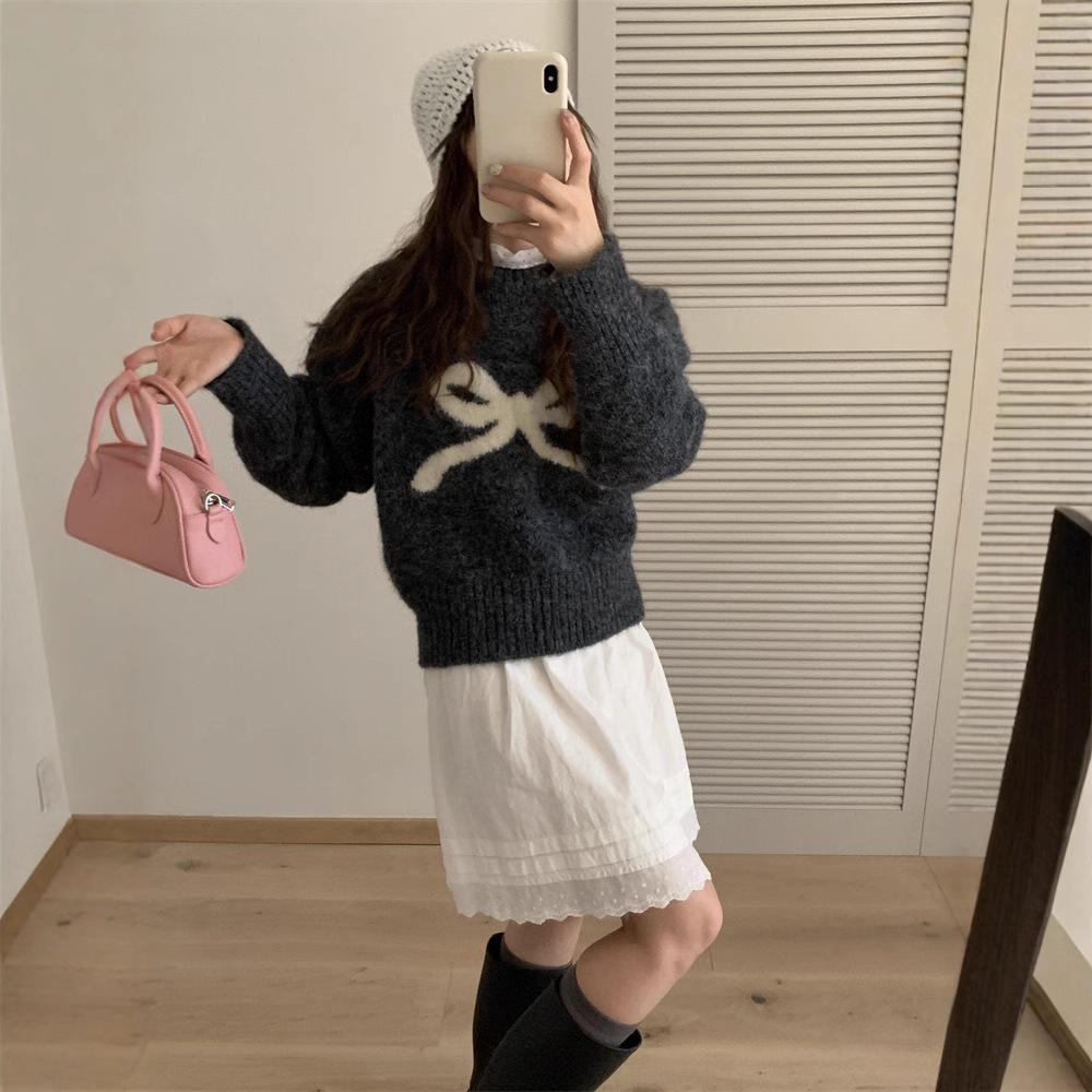 Korean Autumn Bow Detail Girly Style Knit Pullover Top Loose Round Neck Sweater