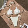 2Pcs/Set Women Bikini Set High Slit Swimming Trunks Adjustable Halter Strap 3D Hand-Sewn Flowers Bikini Bra Set Vacation Party Swimwear