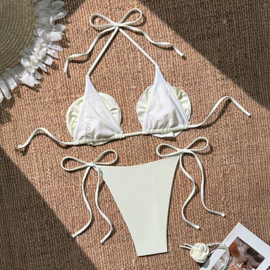 2Pcs/Set Women Bikini Set High Slit Swimming Trunks Adjustable Halter Strap 3D Hand-Sewn Flowers Bikini Bra Set Vacation Party Swimwear