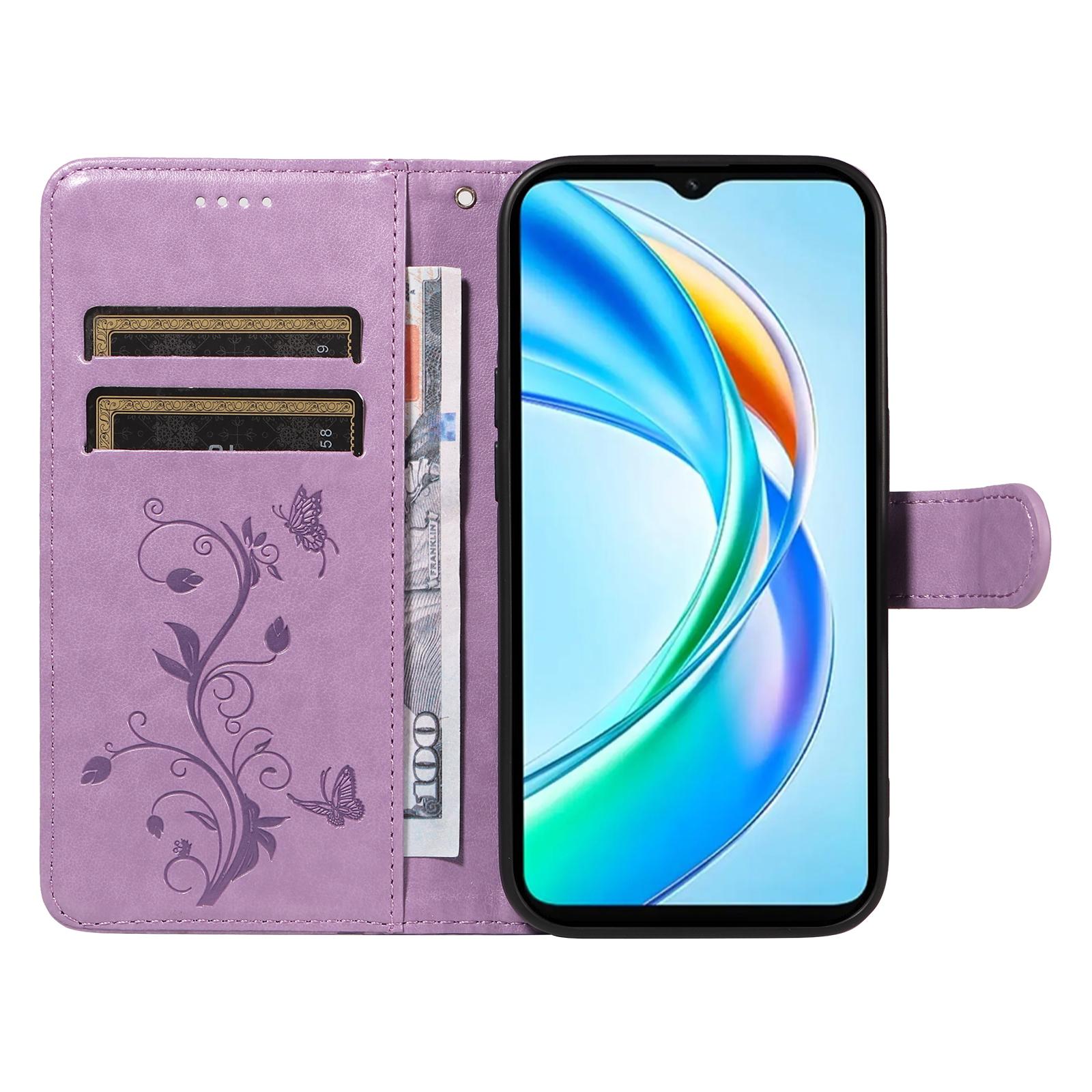 

For Honor X5b/X5b Plus PU Leather Cases Flower Pattern Wallet Stand Phone Cover with Strap Light Purple