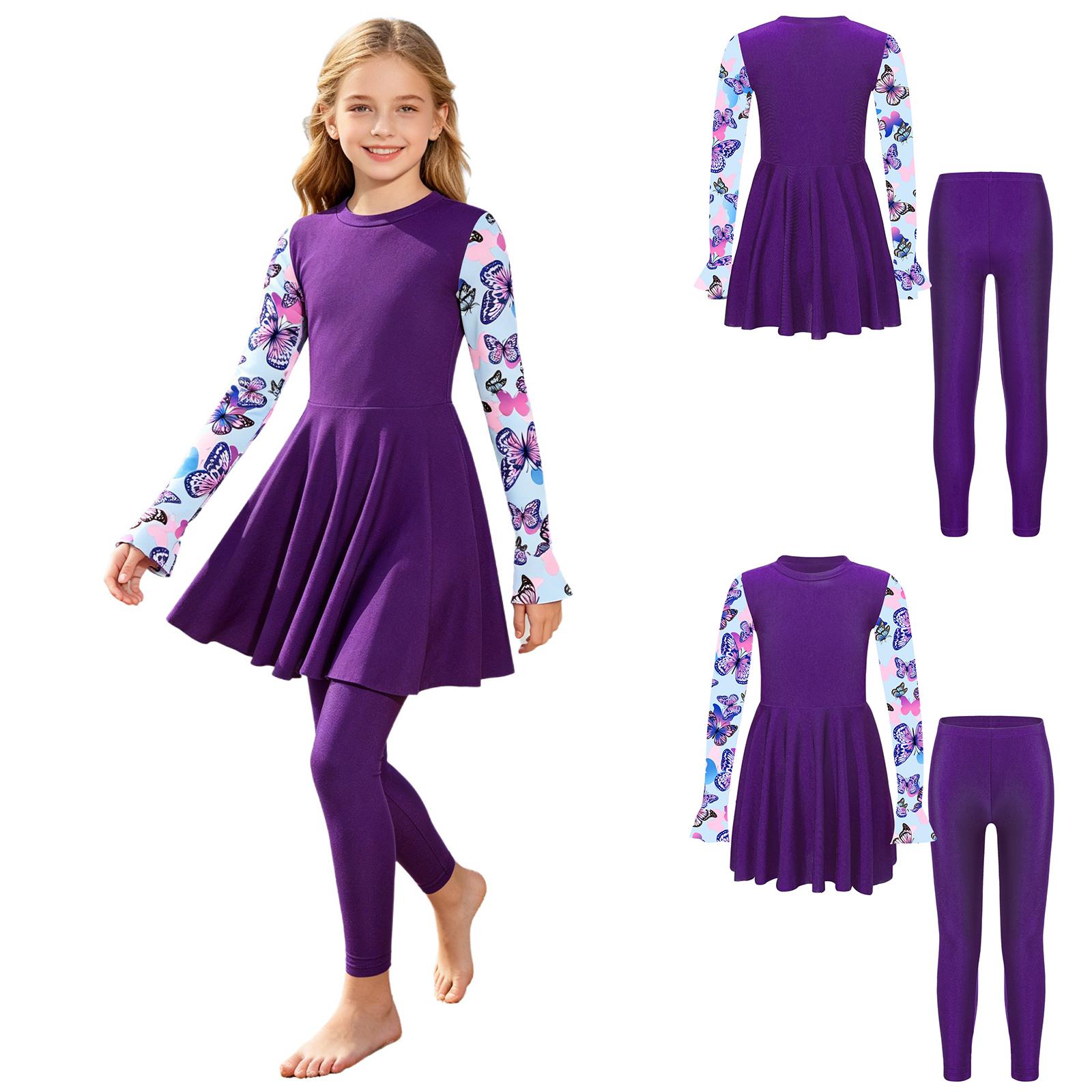 Mädchen Langarm Badeanzug Blumenmuster Zweiteiliges Set Kurzes Kleid Hosen Rash Guard Pool Strand Outfit 9-10 Years violett