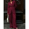 Womens 2026 Winter Solid Color Button Front Long Sleeve Blazer Pants Two Piece Set Elegant Office Wear