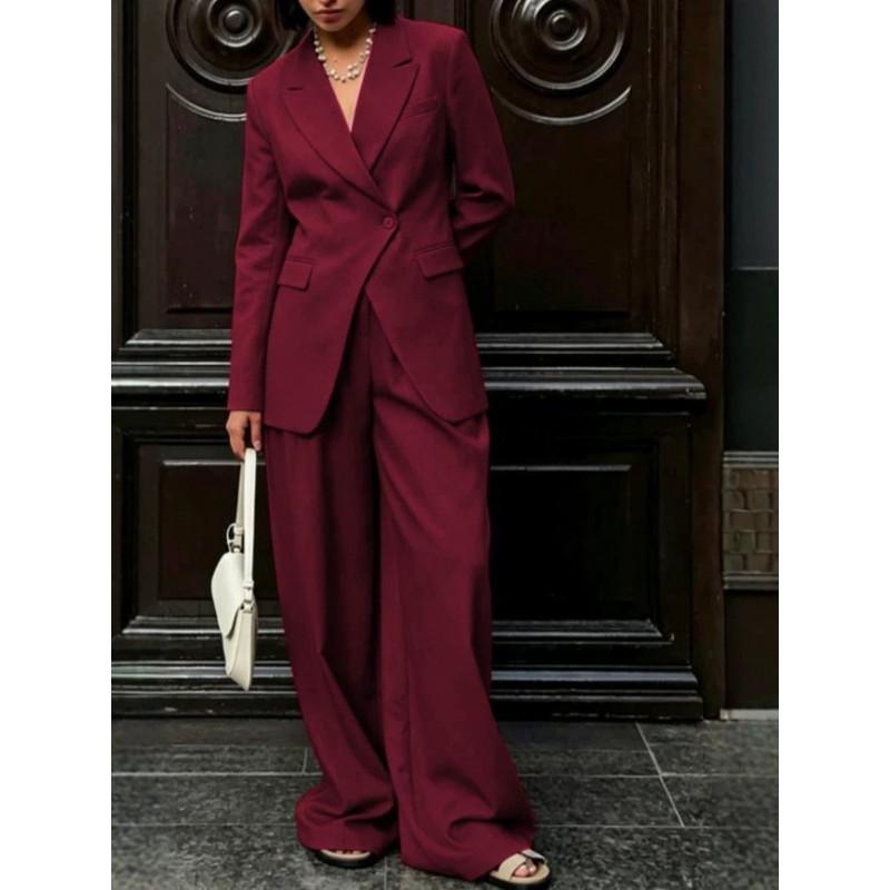 Womens 2026 Winter Solid Color Button Front Long Sleeve Blazer Pants Two Piece Set Elegant Office Wear