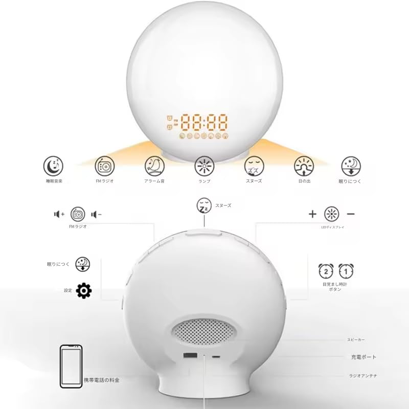 zmart Wake-Up Light Alarm Clock with Sunrise and Sunset Simulation, Dual Alarm, FM Radio, Night Light, 7 Colors, Natural Sounds, Snooze Function,