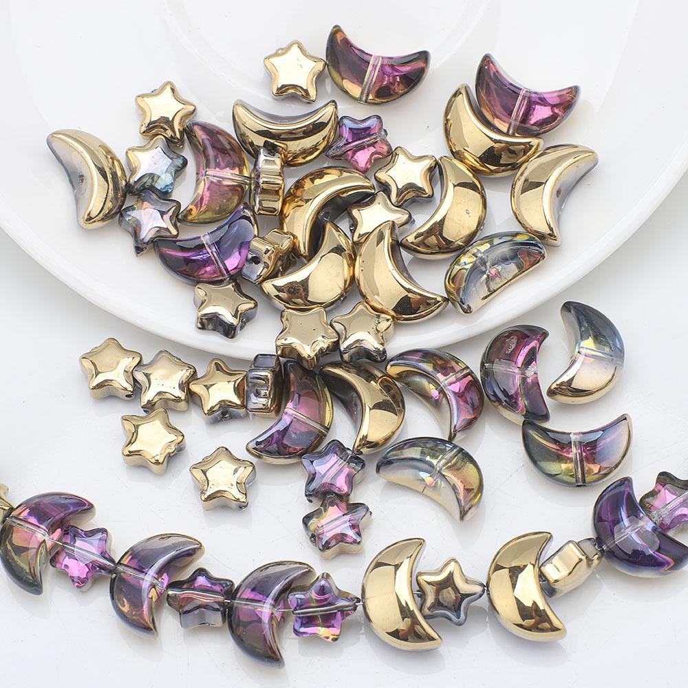 Moon and Star Glass Beads Set: Iridescent DIY Bracelet & Necklace Kit
