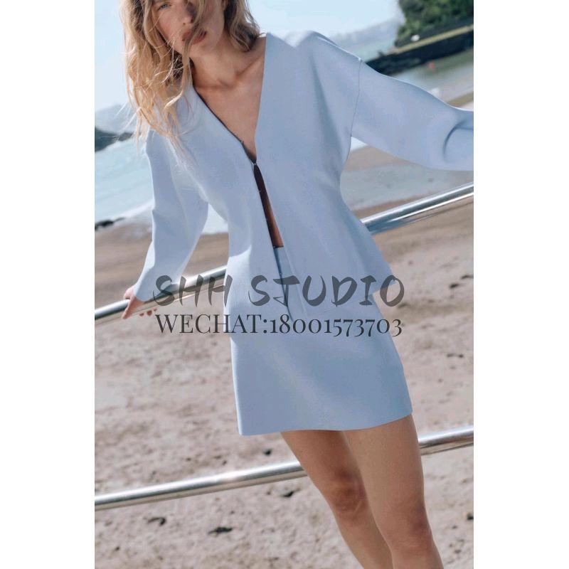 Spring New Commute Style V Neck Loose Sleeves Knitting Outwear 5536160 Texture Mini Skirt 5536161