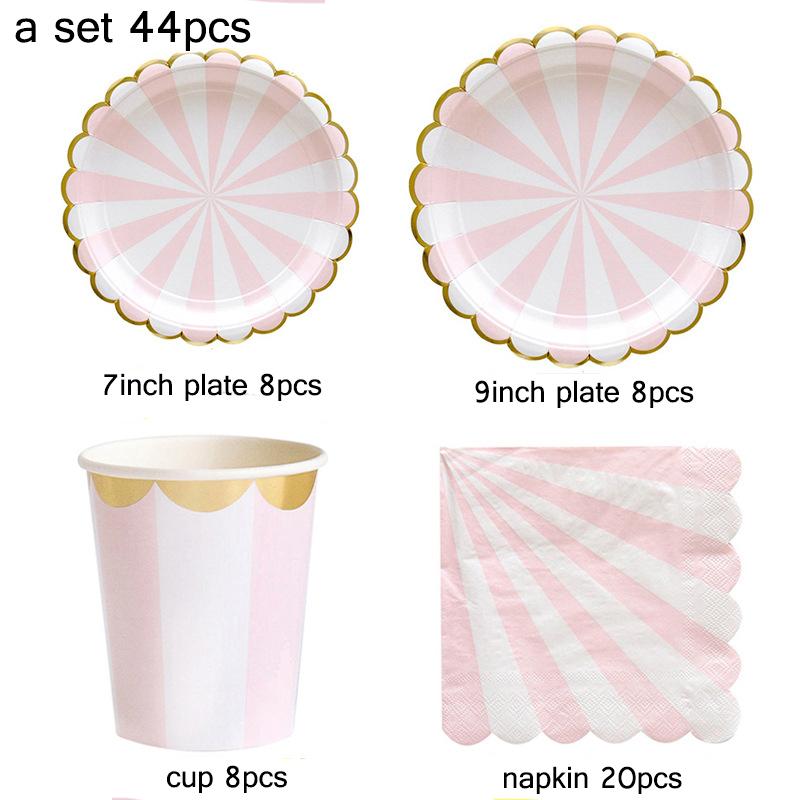 44pcs/set Multicolor Stripe Gold Foil Disposable Tableware Plate Cup Napkin Christmas New Year Birthday Party Decor Supplies