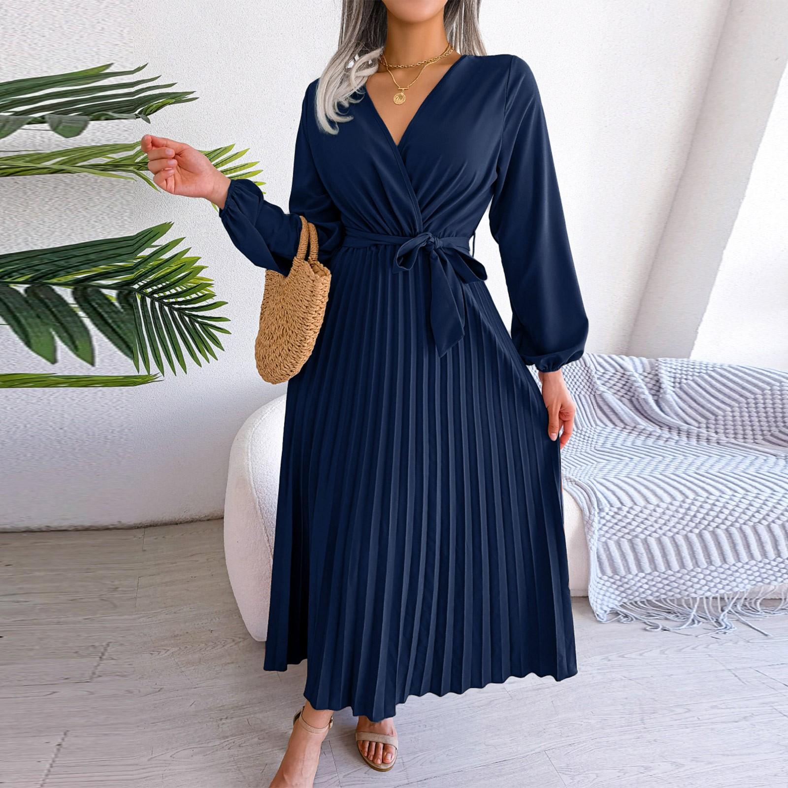 

Жіноча однотонна сукня максі з високою талією, довгим рукавом, поясом, V-подібним вирізом, великою спідницею, плісерована S Темно-синій
