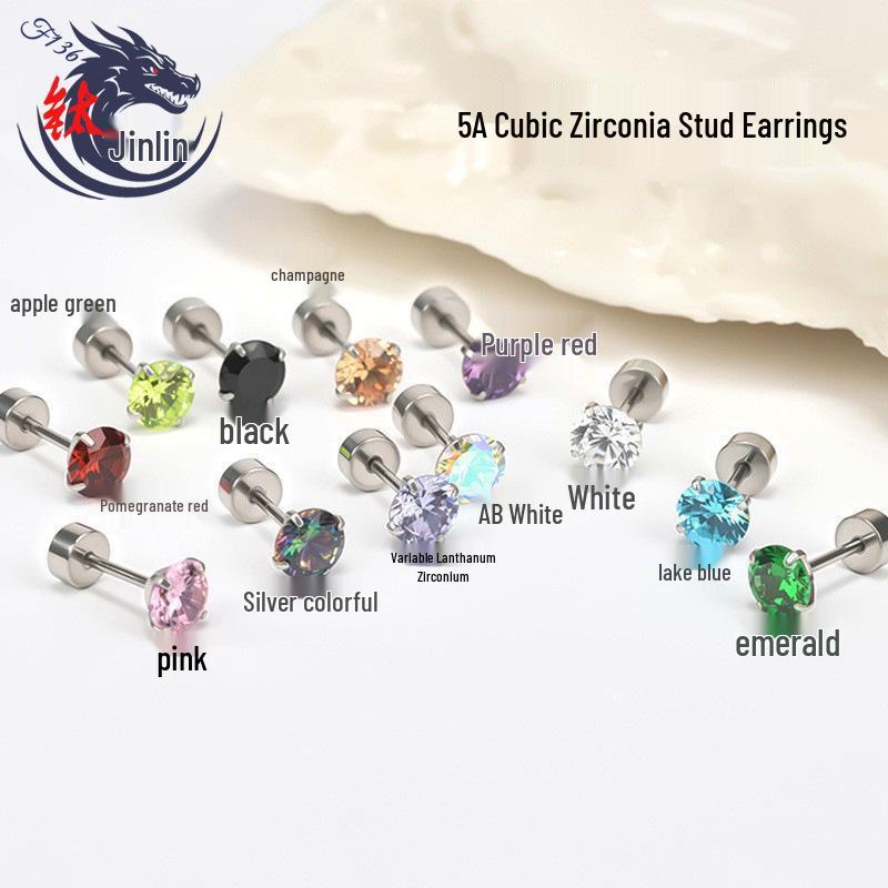 

Unisex Titanium Alloy & Zirconia Stud Earrings - Multiple Colors, Light Luxury Fashion 0.8mm Rod, 6mm Length, 3mm Zircon