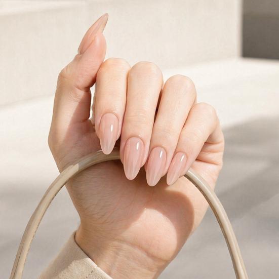24Pcs Women Nude Press on Nails, Natural Glossy Almond Stick-on Fake Nails, Full Cover Long Glue on False Nails