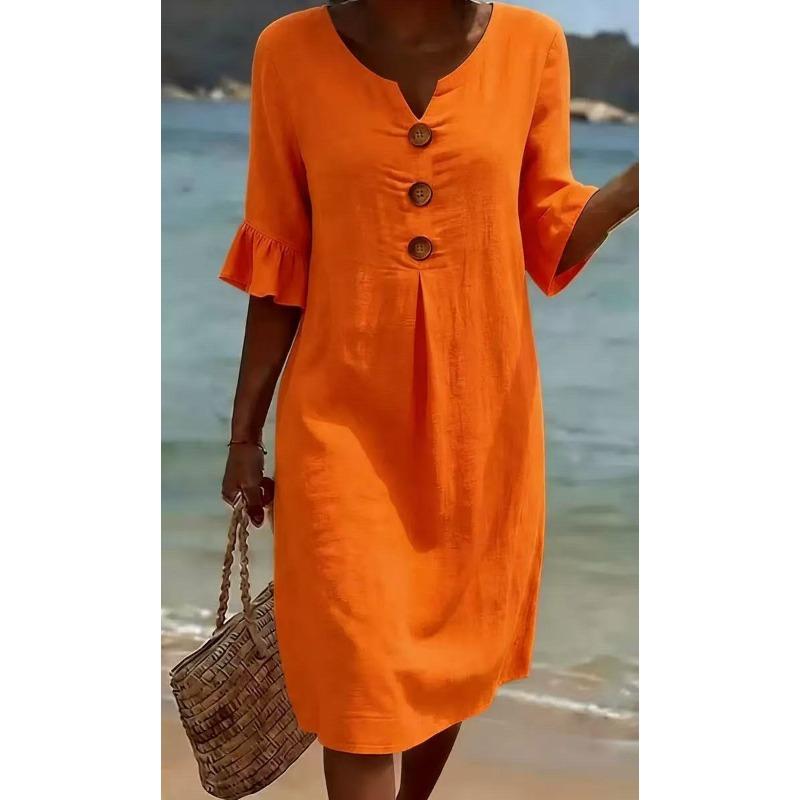 Abito midi da donna bianco effetto lino con scollo a V, bottoni decorativi e maniche a volant