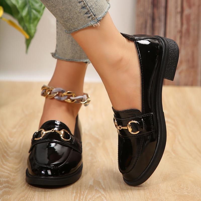 2024 Spring/Autumn Women’s Leather Shoes British Style Metal Chain Black Mary Jane Low Heels Ladies Casual Loafers Plus Size 43
