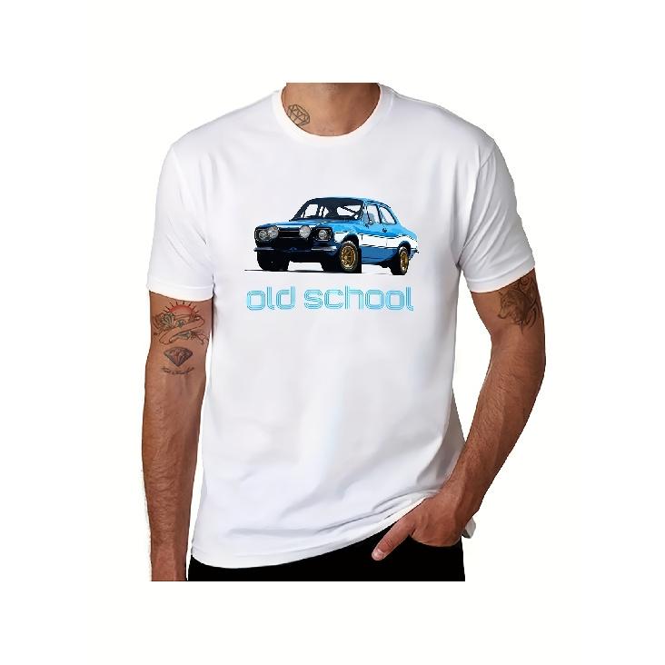 Men s Retro Escort Mk1 Distant T-Shirt - White with Blue Classic Car and Racing Car Livery Print, Retro Logo Design, Casual Crew Neck T-shirt for Car S белый