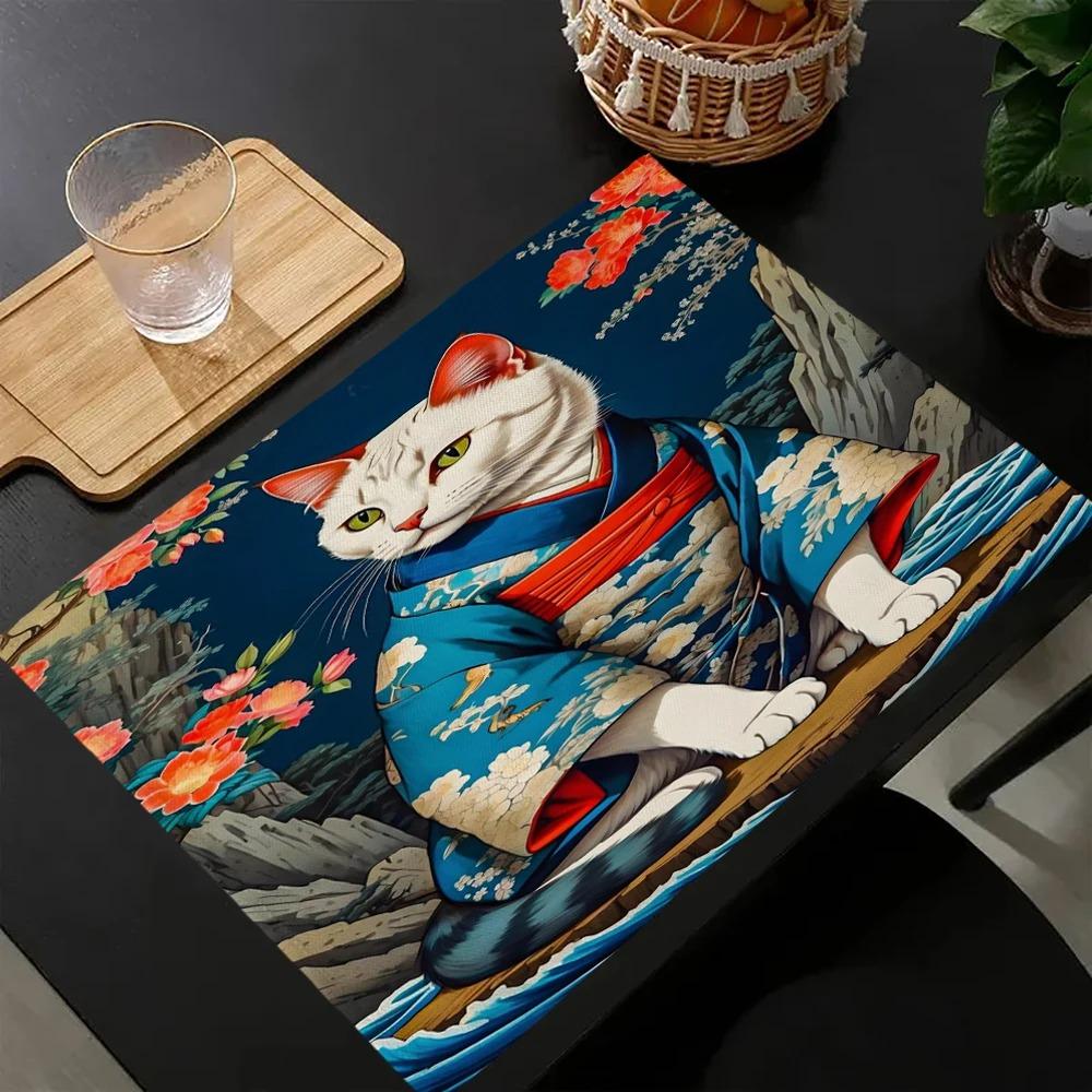 4PCS Cute Cat In Kimono Pattern Linen Placemat, Party Dining Table Decorative Mat, Bowl Mat, Heat-Resistant Dinner Plate Mat