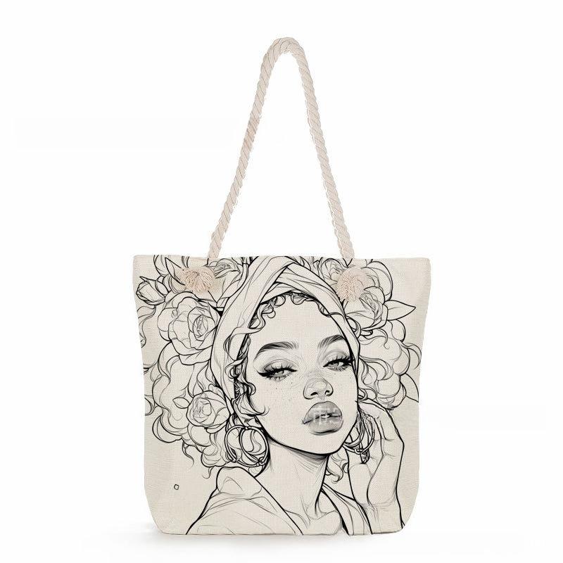 Multifunctional Rose Girl Printed Thick Rope Shoulder Beach Bag Casual Large Capacity Handbag 0247