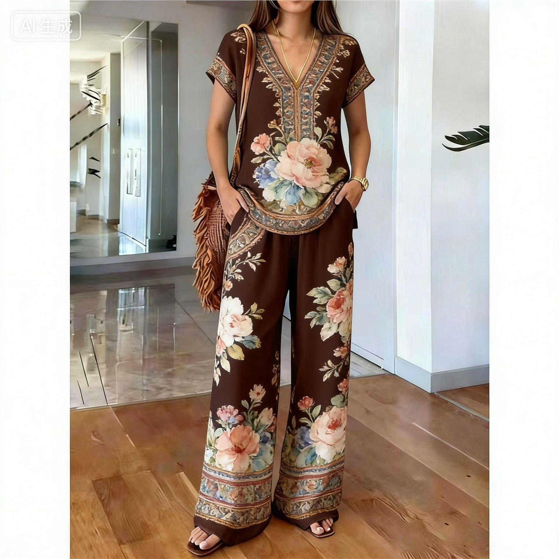 2026 new light luxury European and American style printed two-piece set, printed top, comfortable elastic wide-leg pants women s suit S