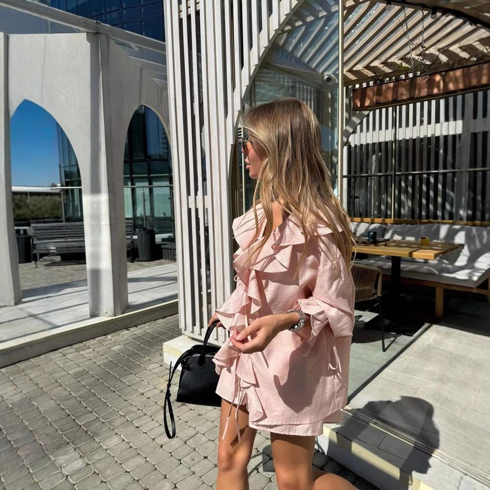 Women's Loose Fit Two Piece Matching Set Long Sleeve Ruffle Shirt Elastic Waist Shorts Outfit Set