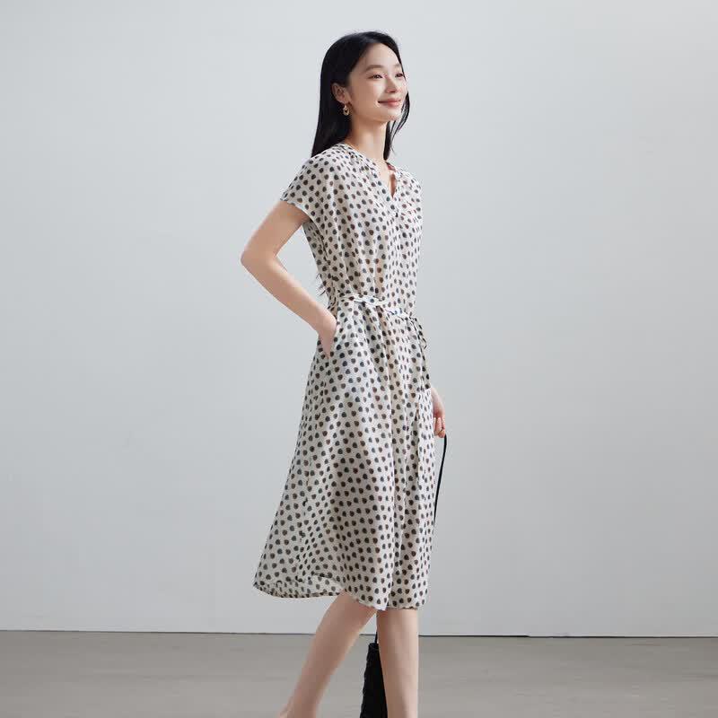 SOFSIL Elegant Polka Dot V-Neck Mulberry Silk Midi Dress
