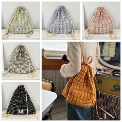 Vintage Korean Plaid Drawstring Bag Y2K Aesthetic Harajuku Plaid Backpack Casual Lightweight Student Schoolbags Outdoor