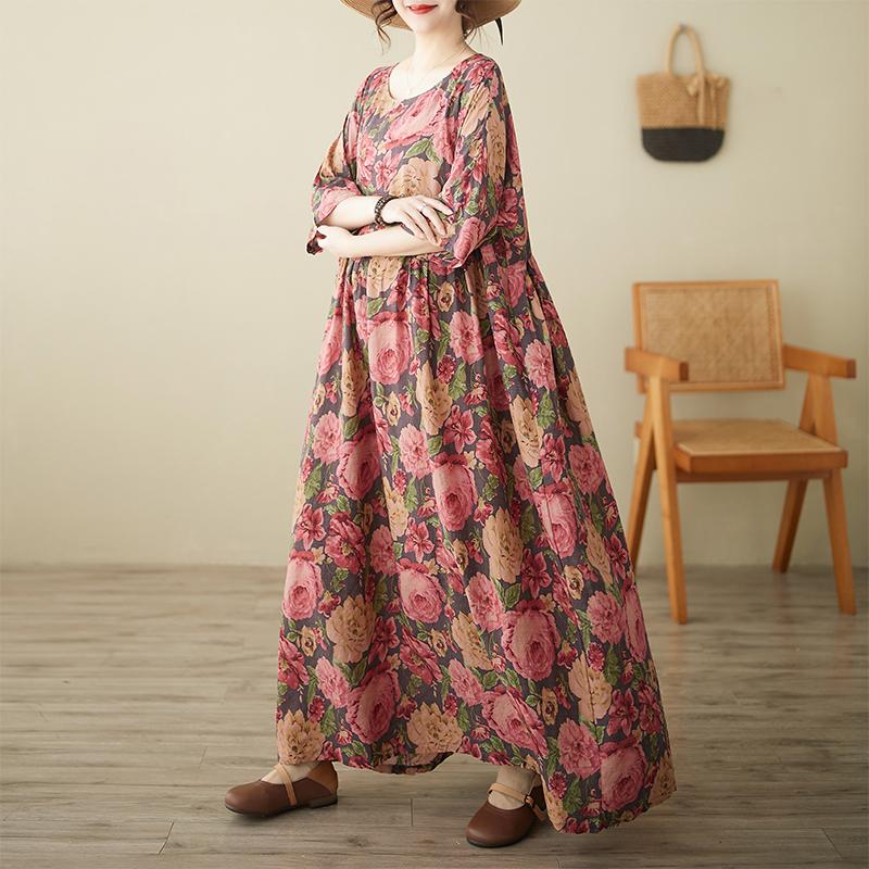 

Dimanaf 2025 Плюс Размер Летнее Платье Женское Элегантное Винтажное Длинное Платье С Цветочным Принтом Свободное Повседневное Платье Макси One Size розовый