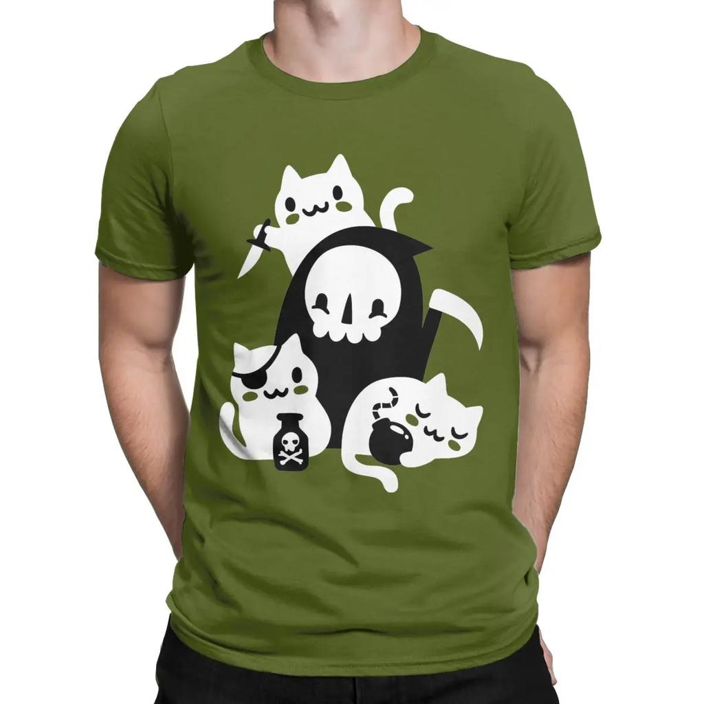 Death's Little Helpers Cat T Shirts Men Pure Cotton Casual T-Shirt Round Collar Halloween Cute Tees Short Sleeve Clothes