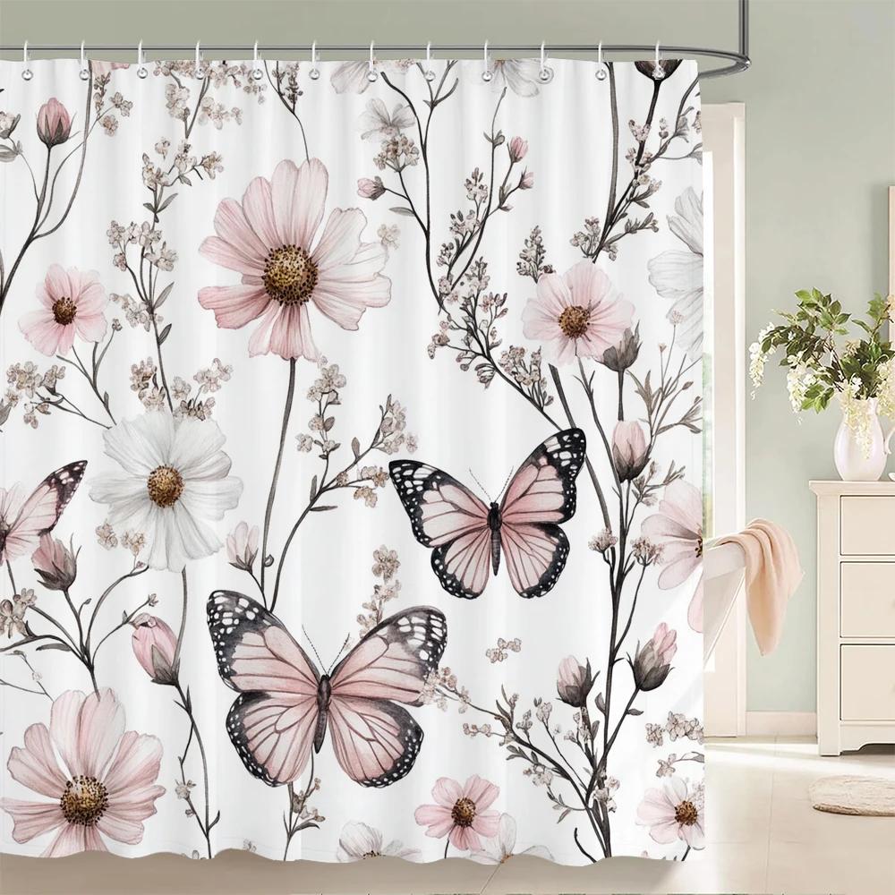 Beautiful Flowers Butterfly Shower Curtain Blue Floral Printed Bathroom Bath Curtain Home Decoration Curtain With Hooks
