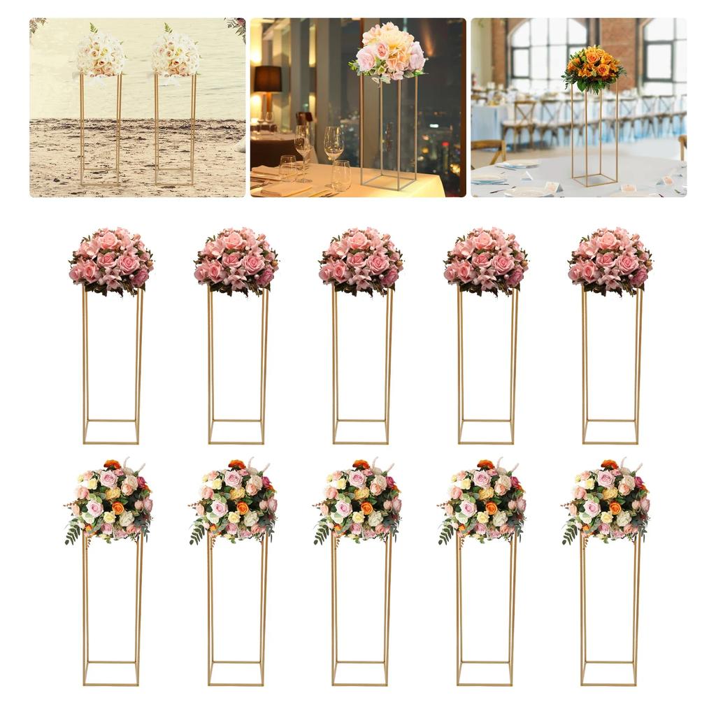 10Pcs Geometric Metal Flower Stands, 80cm Tall Gold Flower Stand Road Lead Metal Floor Vase Column, Centerpiece Rectangular