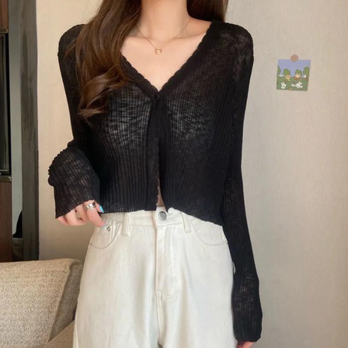 2025 Summer Ribbed Ice Silk Long Sleeve Knitted Cardigan – Women's Lightweight, Micro-Transparent, Hollow Out, Sun Protection.