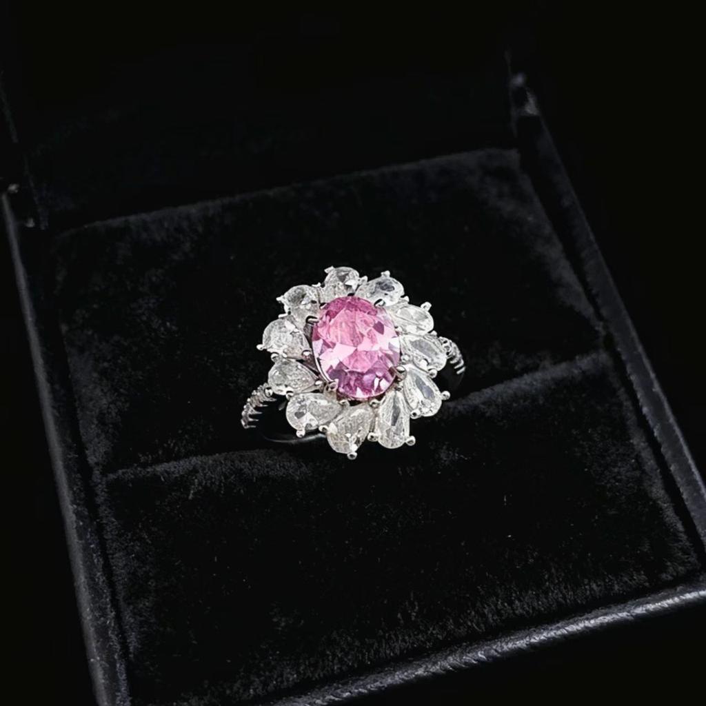 Fashion Coconut Round Papalacha Pink Diamond Ring Women'S Light Pink Treasure Flower Women'S Ring High Carbon Full Diamond Ring